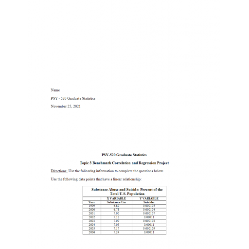 PSY 520 Topic 3 Benchmark Correlation and Regression Project: 2022