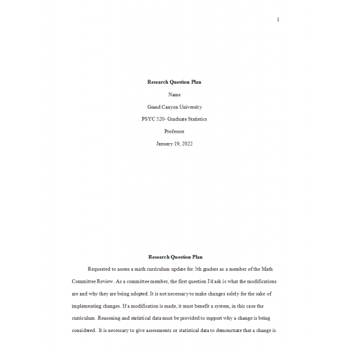 PSY 520 Topic 8 Research Question Plan: 2022