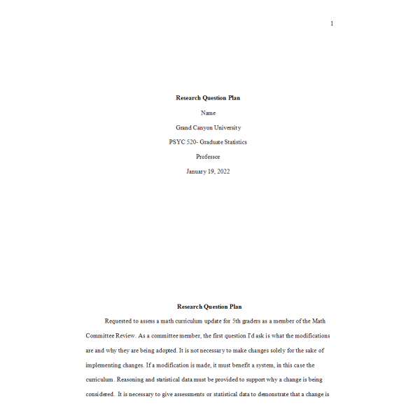 PSY 520 Topic 8 Research Question Plan: 2022