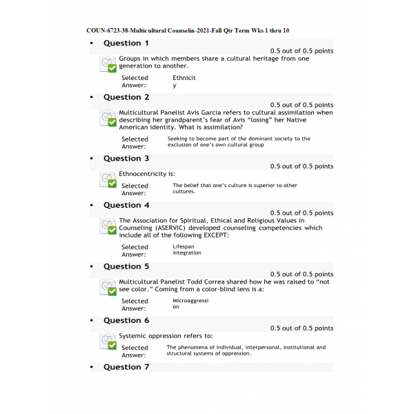 COUN-6723-38 Week 7 Quiz Multicultural Counseling Fall 2021 COUN-6723-38 Week 7 Quiz Multicultural Counseling Fall 2021