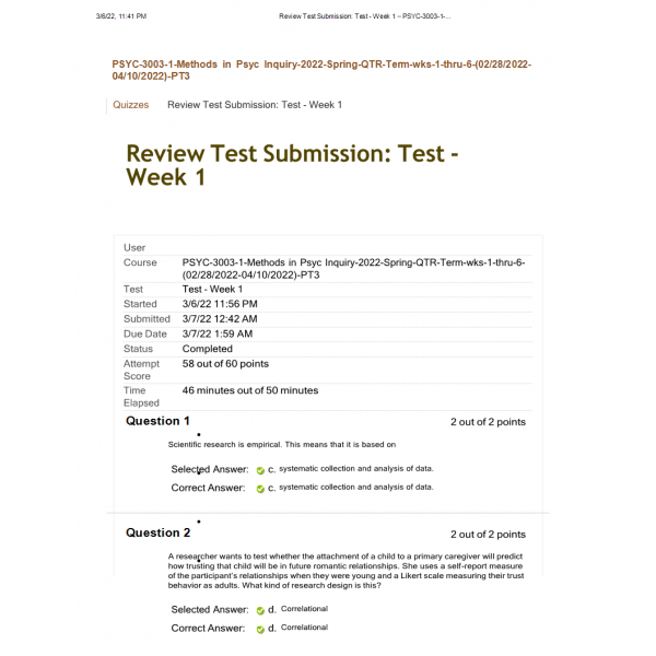PSYC-3003-1 Week 1 Test (Spring 2022)