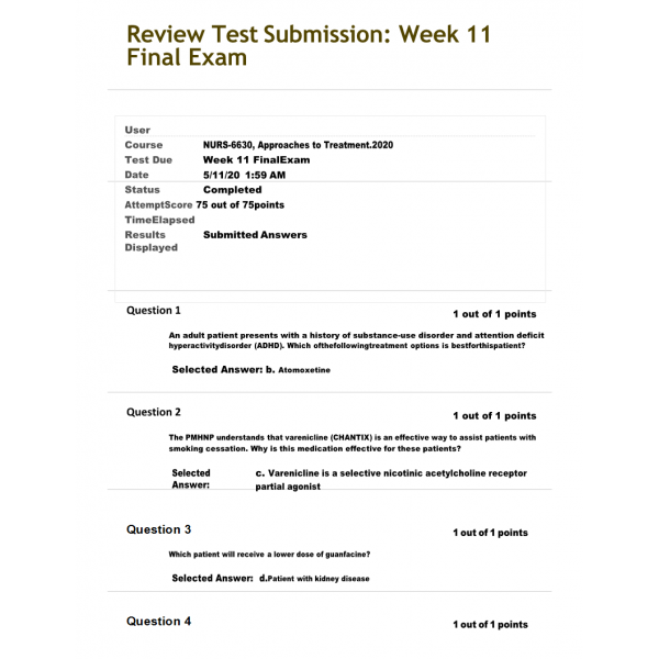 NURS-6630 Final Exam Spring 2020 Psychopharmacology (75 out of 75)