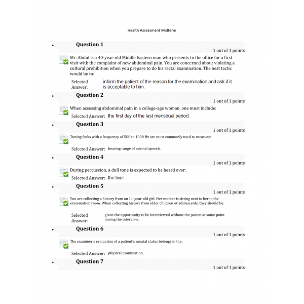 NURS 6512 Midterm Exam - Health Assessment (100 out of 100) NURS 6512 Midterm Exam - Health Assessment (100 out of 100)