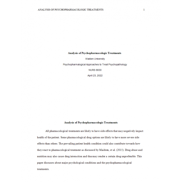 NURS 6630 Week 8 Assgnment 1, Analysis of Psychopharmacologic Treatments: 2022