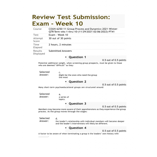 COUN 6250-11 Week 10 Exam (Winter 2021 - 30 out of 30)