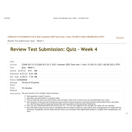 COUN 6311S-COUN 6531D Week 4 Quiz (Summer 2021 - 50 out of 50)