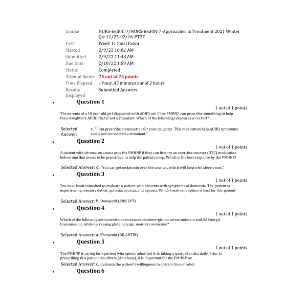 NURS 6630C-7 NURS-6630N-7 Final Exam (Feb 2022) - 75 out of 75: 2022