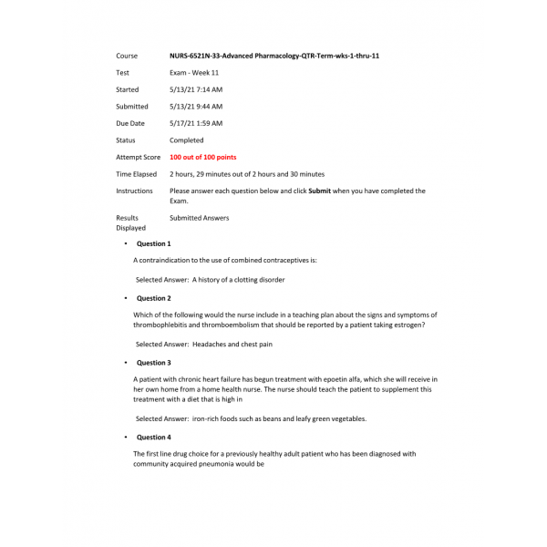 NURS 6521N-33 Final Exam Pharmacology 2021 NURS 6521N-33 Final Exam Pharmacology 2021