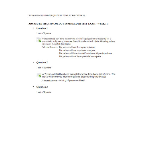 NURS 6521N-31 Final Exam Week 11 - Advanced Pharmacology Summer 2022