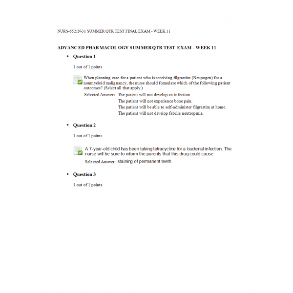 NURS 6521N-31 Final Exam Week 11 - Advanced Pharmacology Summer 2022 NURS 6521N-31 Final Exam Week 11 - Advanced Pharmacology Summer 2022