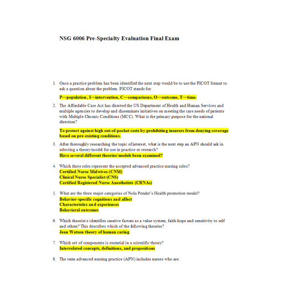 NSG 6006 Pre-Specialty Evaluation Final Exam NSG 6006 Pre-Specialty Evaluation Final Exam