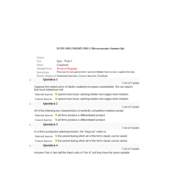 ECON 1002 - MGMT 3503 Week 4 Quiz ECON 1002 - MGMT 3503 Week 4 Quiz