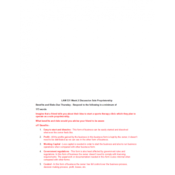 LAW 531 Week 2 Discussion, Sole Proprietorship Benefits and Risks