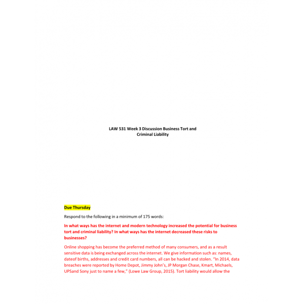 LAW 531 Week 3 Discussion, Business Tort and Criminal Liability