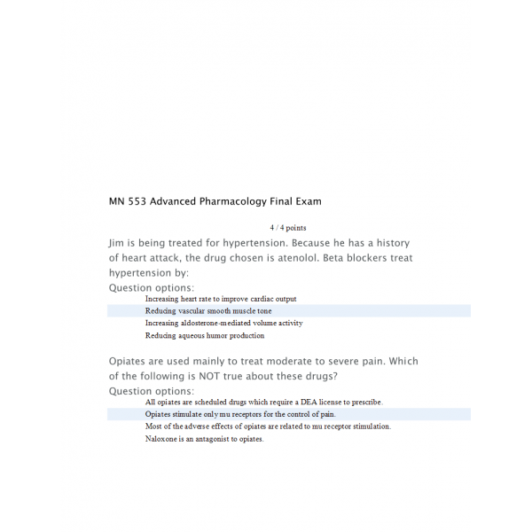 MN 553 Unit 10 Final Exam - Advanced Pharmacology MN 553 Unit 10 Final Exam - Advanced Pharmacology