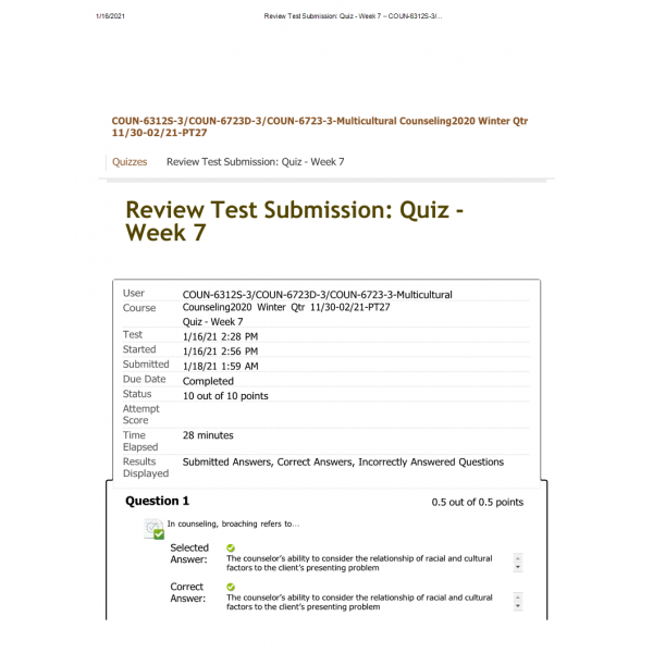 COUN 6312S Week 7 Quiz: 0 COUN 6312S Week 7 Quiz: 0