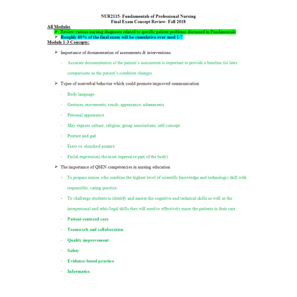 NUR 2115 Final Exam -Fundamentals of Professional Nursing - Rasmussen College NUR 2115 Final Exam -Fundamentals of Professional Nursing - Rasmussen College