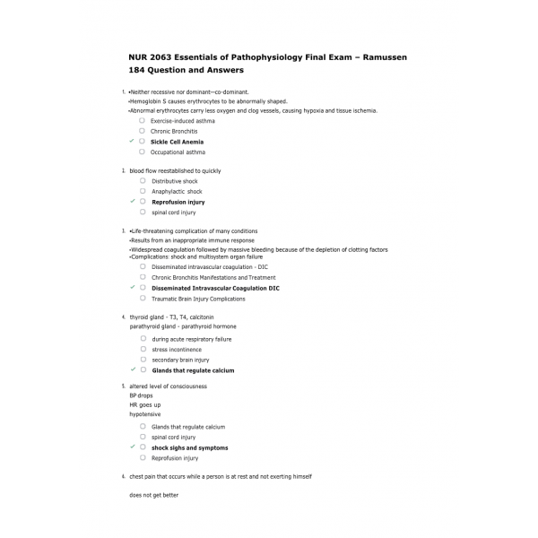 NUR 2063 Essentials of Pathophysiology Final - Rasmussen NUR 2063 Essentials of Pathophysiology Final - Rasmussen