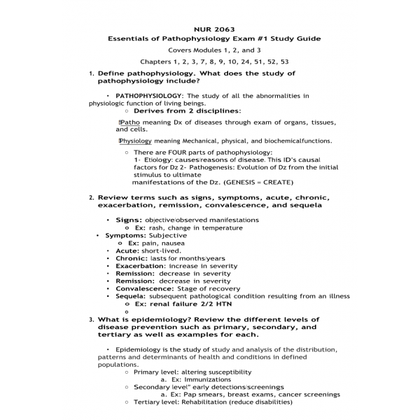 NUR 2063 Essentials of Pathophysiology - Exam 1 Review Sheet NUR 2063 Essentials of Pathophysiology - Exam 1 Review Sheet