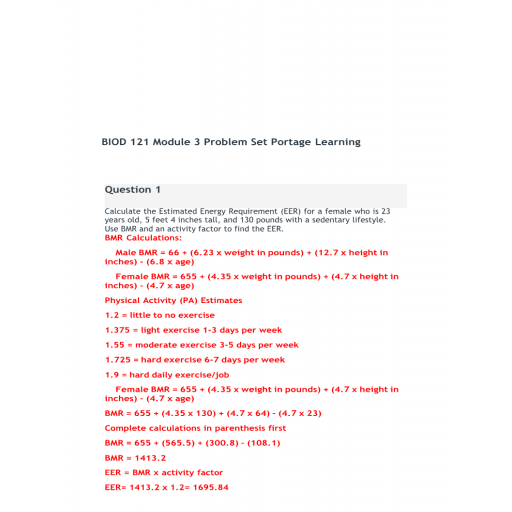 BIOD 121 Module 3 Problem Set Nutrition - Portage Learning