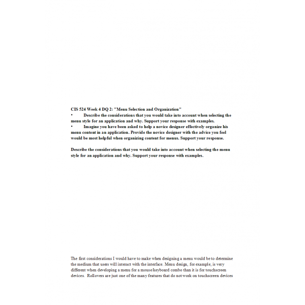 CIS 524 Week 4 DQ 2, Menu Selection and Organization