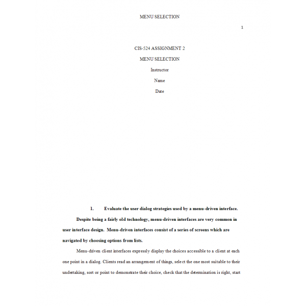 CIS 524 Week 6 Assignment 2, Menu Selection Paper 2