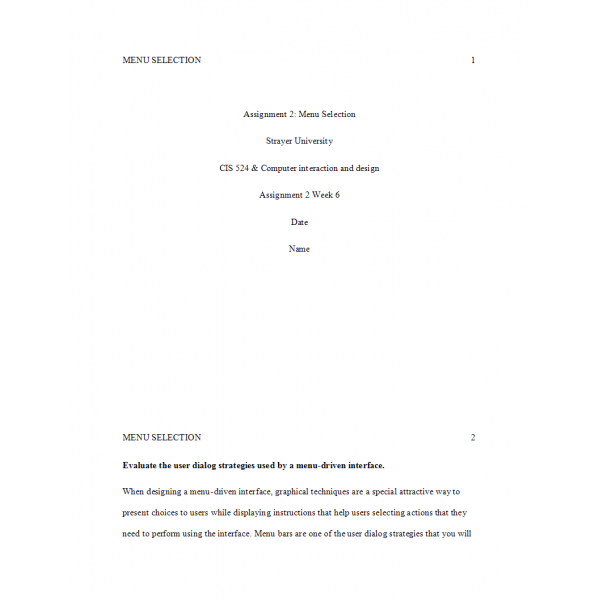 CIS 524 Week 6 Assignment 2, Menu Selection