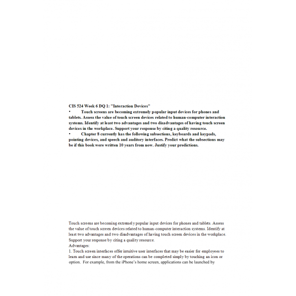 CIS 524 Week 6 DQ 1, Interaction Devices