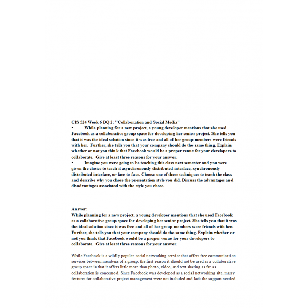 CIS 524 Week 6 DQ 2, Collaboration and Social Media