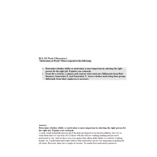 BUS310 Week 9 Discussion 1, Motivation at Work