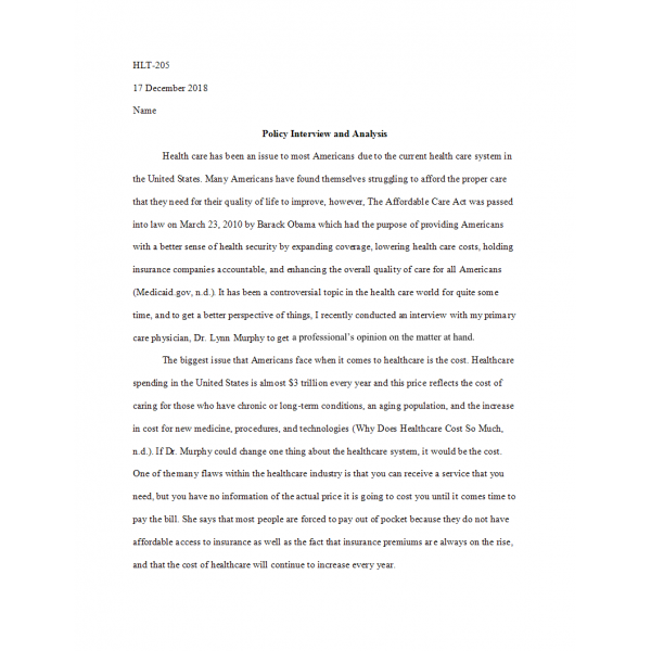 HLT 205 Week 7 Assignment, Policy Interview Analysis 1 HLT 205 Week 7 Assignment, Policy Interview Analysis 1