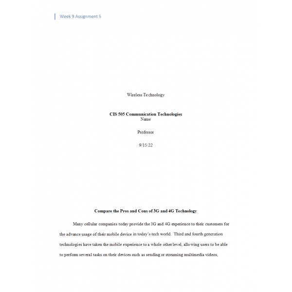 CIS 505 Week 9 Assignment 5, Wireless Technology 1