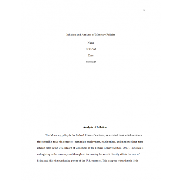 ECO 561 Week 4 Individual Assignment, Inflation and Analysis of Monetary Policies