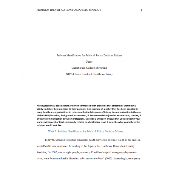 NR 554 Week 1 DQ, Problem Identification for Public and Policy Decision Makers