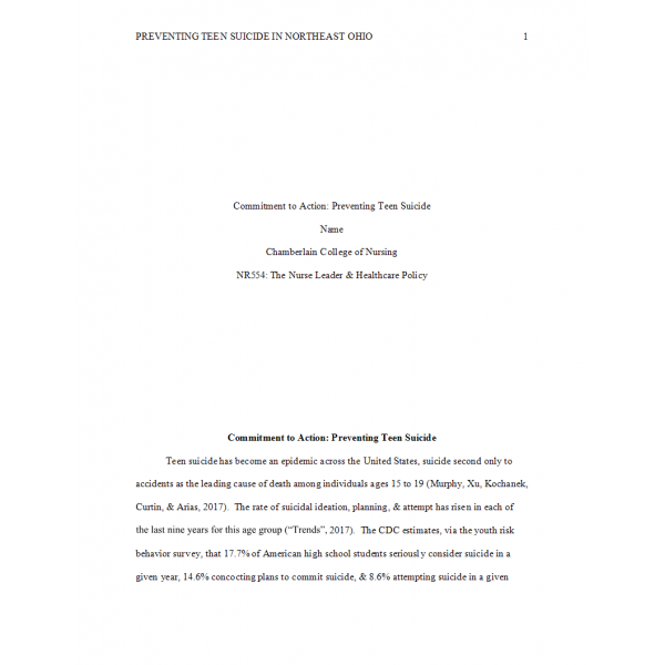NR 554 Week 7 Assignment, Commitment to Action -Teen Suicide Prevention