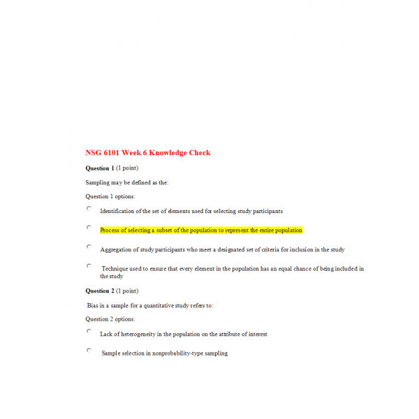 NSG 6101 Week 6 Knowledge Check NSG 6101 Week 6 Knowledge Check