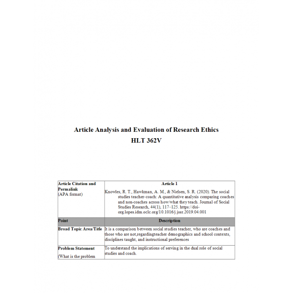 HLT 362V Topic 5 Assignment, Artical Analysis and Evaluation of Research Ethics HLT 362V Topic 5 Assignment, Artical Analysis and Evaluation of Research Ethics
