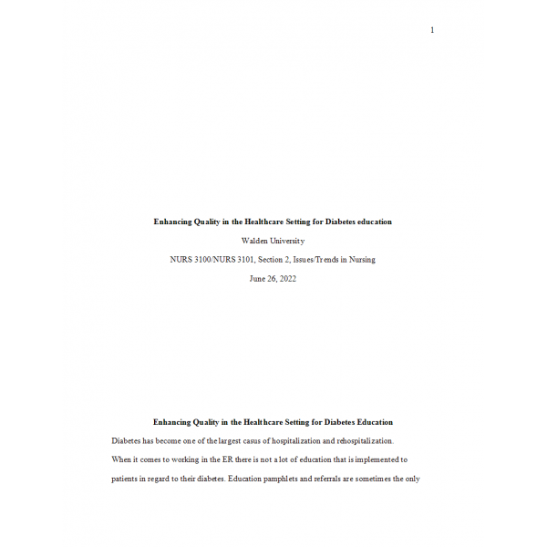 NURS 3100 Week 4 Assignment 2, Enhancing Quality in the Healthcare Setting for Diabetes Education