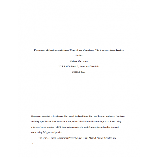 NURS 3100 Week 3 Assignment 3, Perceptions of Rural Magnet Nurses