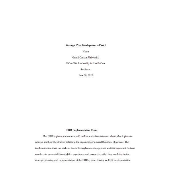 HCA 680 Strategic Plan Development Part 1