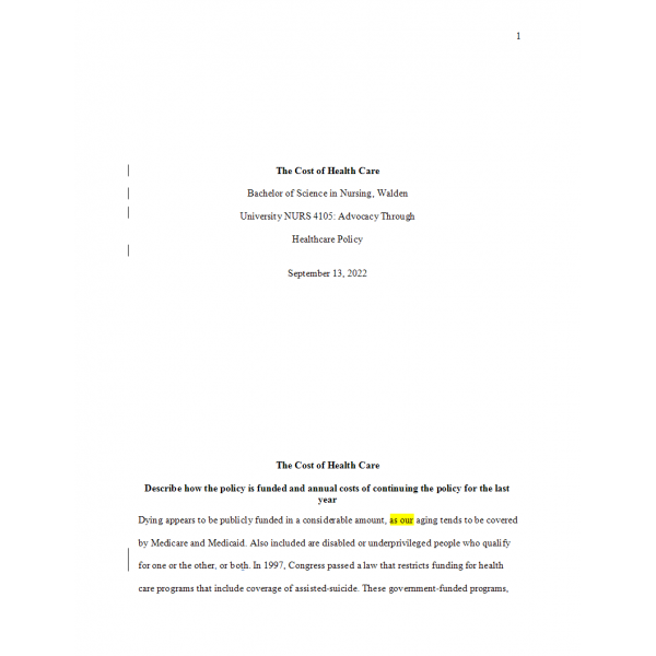 NURS 4105 Week 2 Assignment 2, The Cost of Healthcare