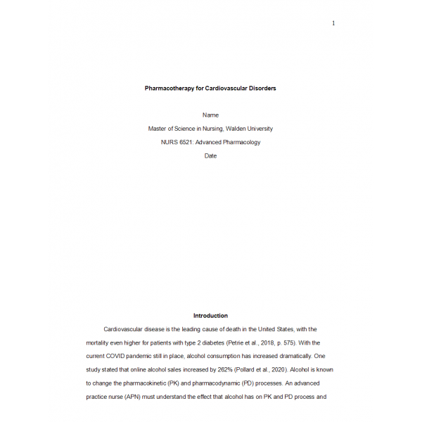 NURS 6521 Week 2 Assignment, Pharmacotherapy for Cardiovascular Disorders NURS 6521 Week 2 Assignment, Pharmacotherapy for Cardiovascular Disorders
