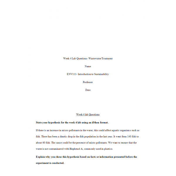 ENV 111 Week 4 Labster Virtual Laboratory - Wastewater Treatment ENV 111 Week 4 Labster Virtual Laboratory - Wastewater Treatment