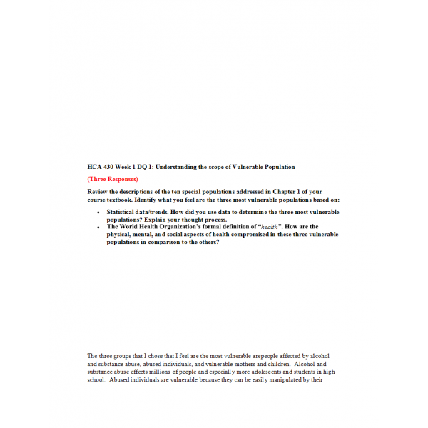 HCA 430 Week 1 Discussion 1, Understanding the Scope of Vulnerable Populations