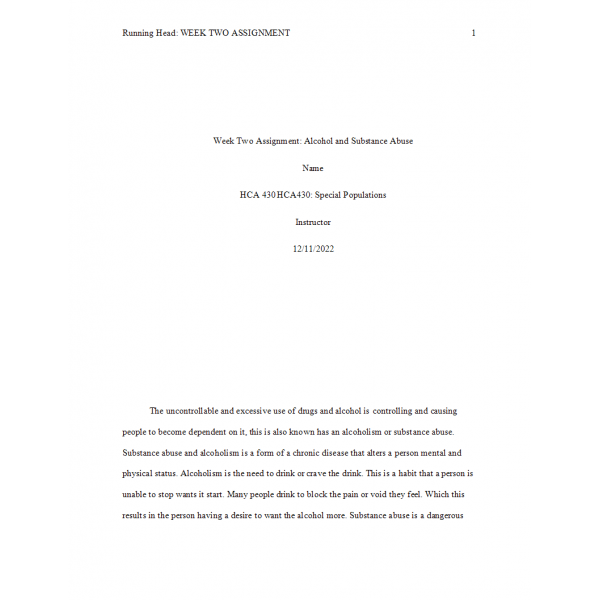 HCA 430 Week 2 Assignment, Vulnerable Population Summary and Proposed Program (Alcohol and Substance Abuse)