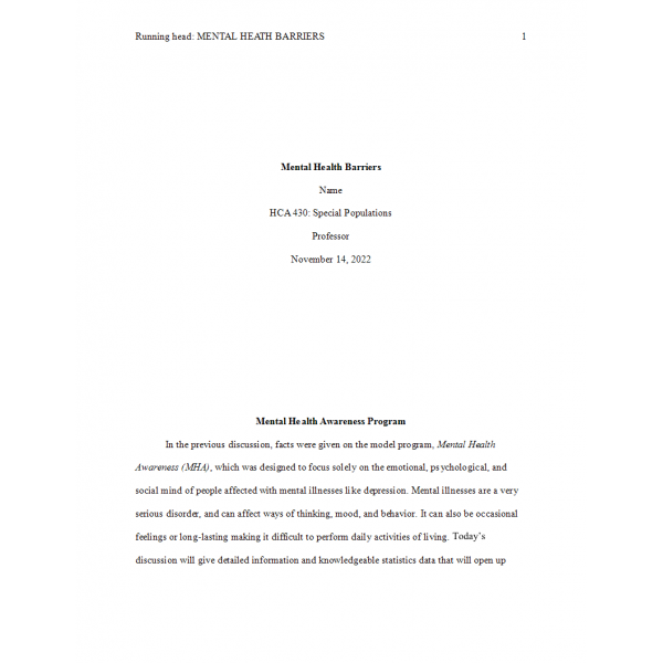HCA 430 Week 2 Assignment, Vulnerable Population Summary and Proposed Program (Mental Health Barriers)
