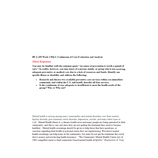 HCA 430 Week 2 Discussion 2, Continuum of Care Evaluation and Analysis