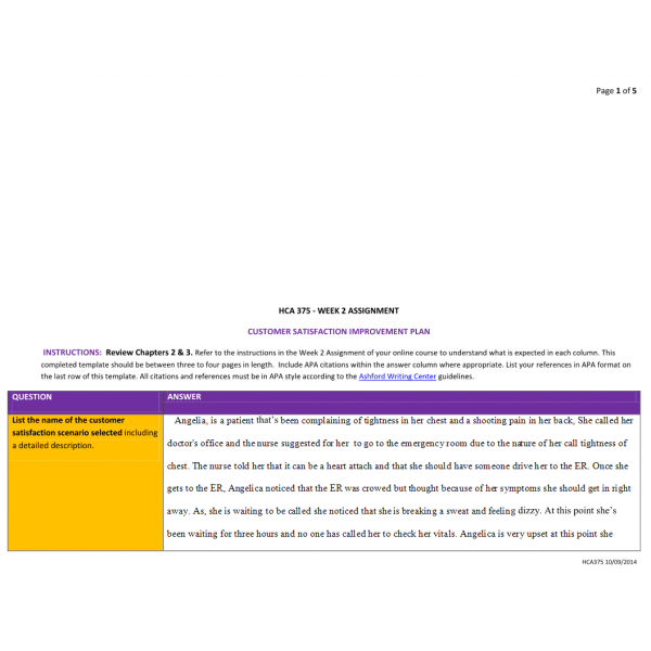 HCA 375 Week 2 Assignment, Customer Satisfaction Improvement Plan 2 HCA 375 Week 2 Assignment, Customer Satisfaction Improvement Plan 2