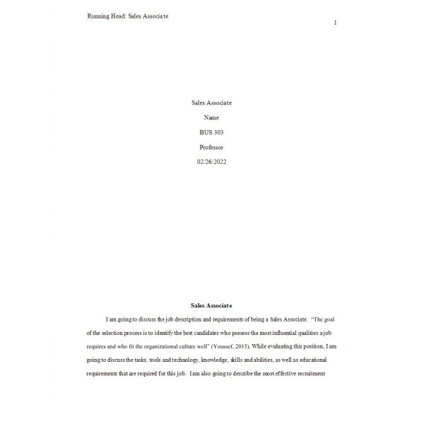 BUS 303 Week 2 Assignment, Job Description (Sales Associate)