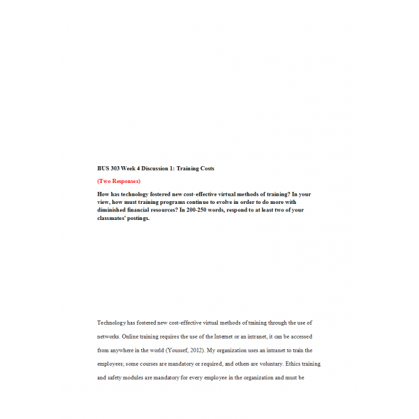 BUS 303 Week 4 Discussion 1, Training Costs